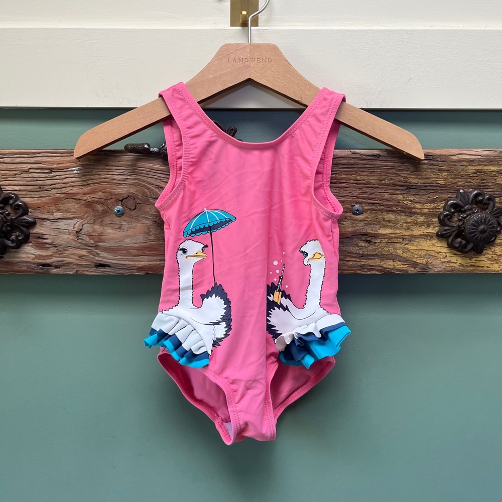 Polarn O. Pyret Kids Pink Ostrich Ruffle One Piece Swimsuit 86/92 1-2 Years